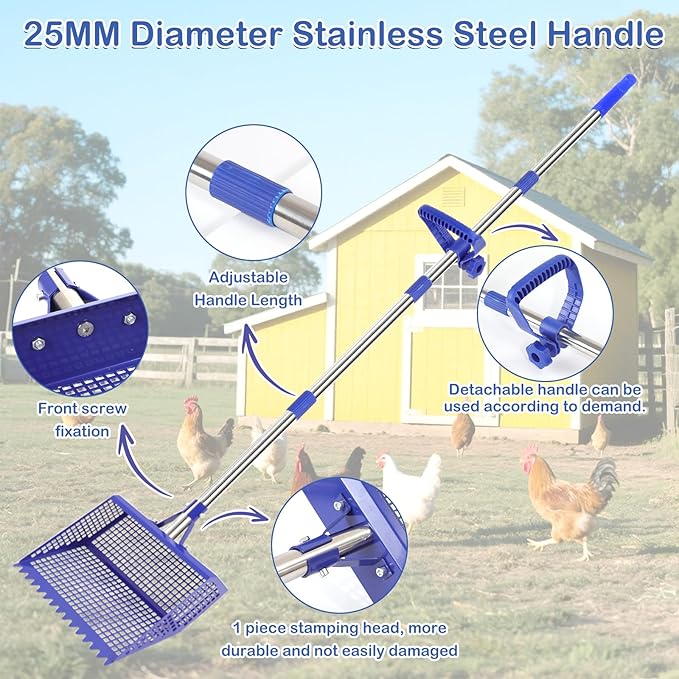 Chiken Coop Scoop 2-in-1 Chicken Poop Scooper & Rake Sand Sifting Litter Shovel for Chicken Coops Animal Farms Pet Waster Cleaning Tools Multifunctional Litter Sifting Shovel (35 to 65")