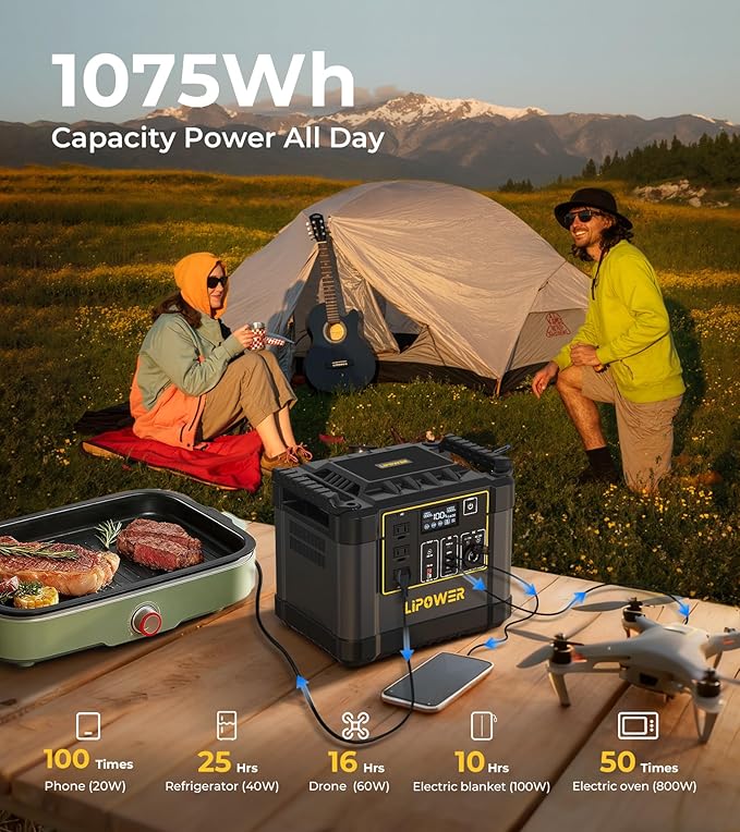 Lipower Solar Generator, 1075Wh Power Station 3 * 1200W AC Outlets(2000W peak), 60W USB-C Output, Generator for Camping, CPAP, Home Backup