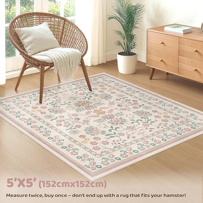 Square Area Rugs : Washable 5x5 Floral Carpet for Living Room Bedroom - Soft Floor Mat with Non Slip Backing for Kitchen Nursery Dorms Farmhouse Home Decor - Pink