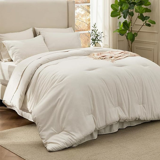 Bedsure Full Comforter Set Beige - Bed in a Bag Full Size Bedding 7 Pieces, Cationic Dyed Bed Set Gift for Family, Beige Soft Bedding for All Seasons Comforter with Sheets, Pillowcases & Shams