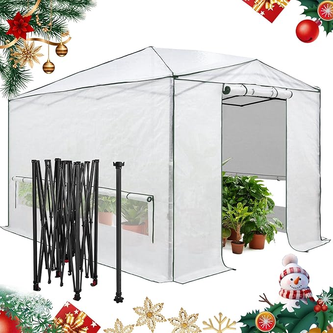 EAGLE PEAK Instant Pop-up Greenhouse, Indoor Outdoor Plant Gardening Green House, Roll-Up Zipper Doors and Side Windows & Winter Support Pole, Heavy Duty Walk in 12x8 ft, Woven PE Cover, White