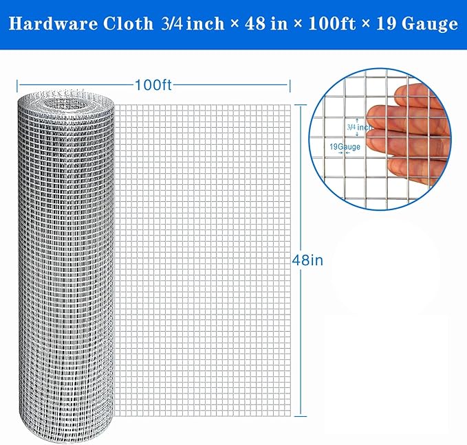 48x100ft Hardware Cloth 3/4 inch Chicken Wire Fencing，19 Gauge Hot-Dip Galvanized Wire Mesh Rolls, Welded Wire,Fencing Rabbits Wire Fence,Snake Fence，Gopher Wire