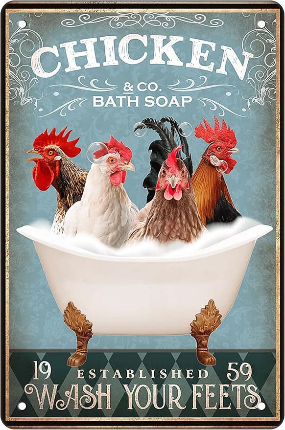Fun Chicken Bathroom Sign - Bathtub & Wall Decor - Retro 8x12 Inch