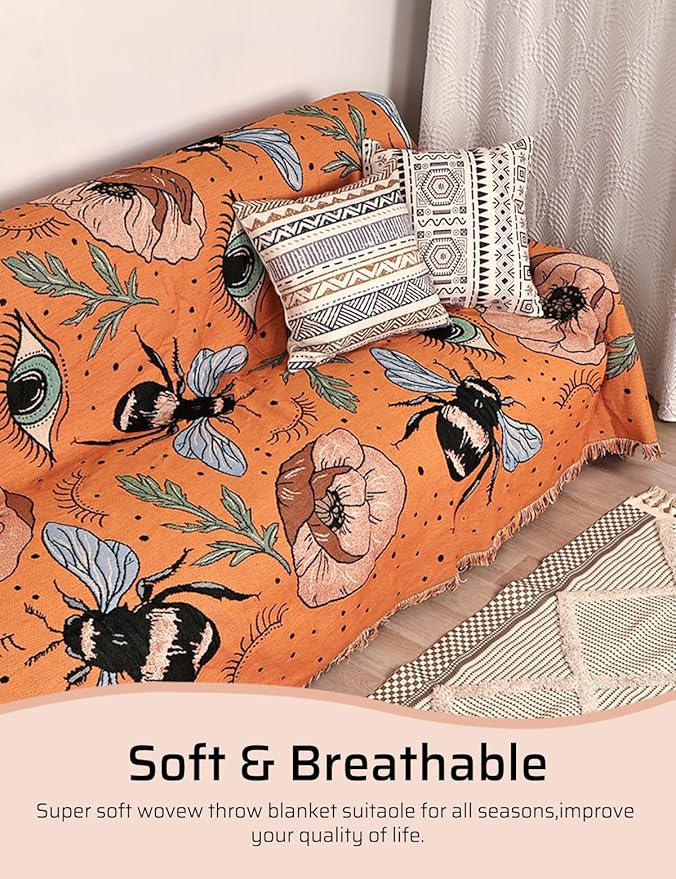Boho Throw Blanket for Bed Couch Sofa Reversible Cotton Bohemian Travel Boho Quilt Mexican Muslin Blanket Tapestry Hippie Room Decor Outdoor Blanket Double Sided (Boho Bee Yelow 60"x80")