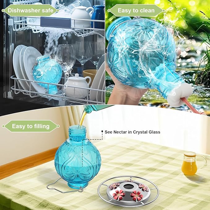 Glass Hummingbird Feeder for Outdoors Hanging, 25Oz Humming Bird Nectar Feeders with Perch & 5 Flower Feeding Ports, Leak Proof for Outside Garden Decor, Gifts for Women (Blue)