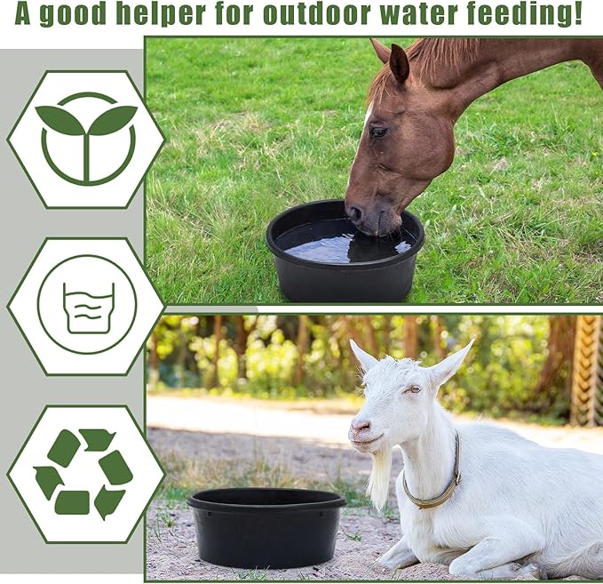 Sadnyy 4 Pcs Rubber Feeder Pan, 1 Gallon Horse Feed Bucket Utility Rubber Bowl 10.6 x 4.1 Inch Horse Feeder Chicken Dust Bath Stackable Livestock Feed Bowl for Pig Goat Chicken Dog Farm Animal