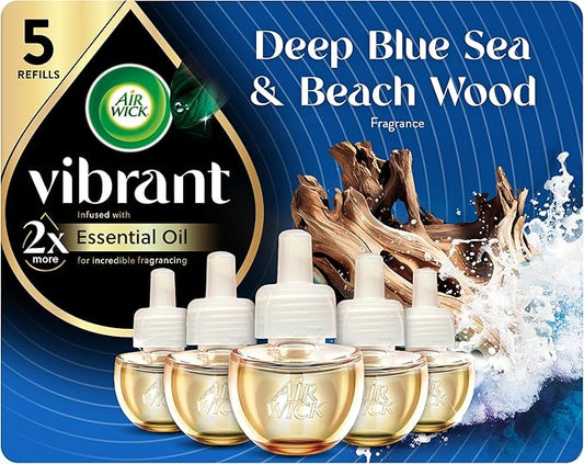 Air Wick Vibrant Plug In Scented Oil Refill,Deep Blue Sea & Beach Wood, 5 ct