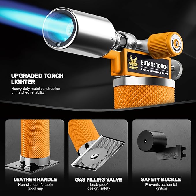 RAVS Butane Torch Lighter, Creme Brulee Torch with Adjustable Flame, Kitchen Torch for Baking, BBQ, DIY, Christmas Gifts Stocking Stuffers Gifts for Women, Orange, Butane Gas Not Included