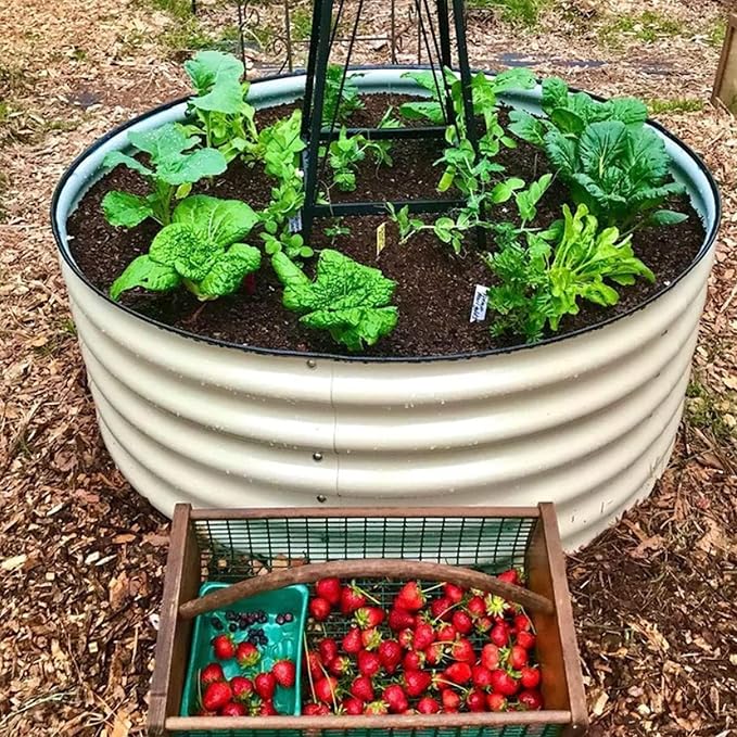 Round Raised Garden Bed Kit, 3.5x3.5x1.4Ft Outdoor Zinc-Aluminum-Magnesium Metal Flower Beds Stainless Steel Patio Ground Planter for Planting Vegetables (Ivory)