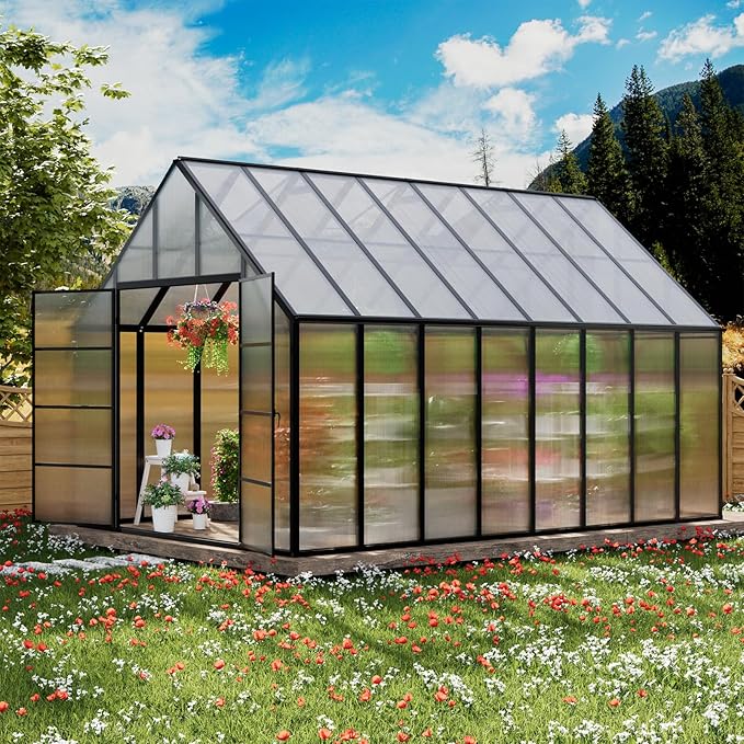 10'x10'x16' Snap-Together Greenhouse - Easy 3-Way Connectors, Heavy-Duty Aluminum Frame, Wind/Snow Resistant for Gardening/Urban Farming, Includes Sliding Door & Ventilation Windows
