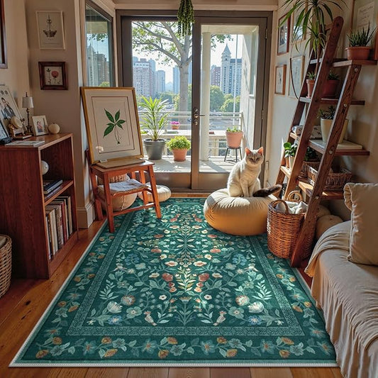 Lahome Floral Washable Rugs 5x7, Non-Slip Ultra-Thin Soft Green Area Rug Bedroom Carpet, Vintage Botanical Print Low-Pile Carpet for Living Room Kitchen Office, Dark Green