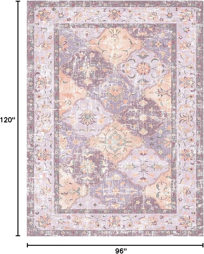 Washable Boho Vintage Purple Area Rugs 8×10 Traditional Mauve Large Carpert for Girls' Room Nursery Living Room Bedroom Dining Room Farmhouse Non-Slip