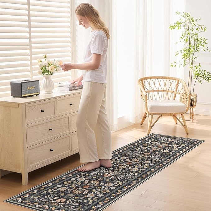 Runner Rug for Hallways Kitchen: 2x6 Washable Area Rug Boho Floral Soft Long Rug - Non-Slip Low Pile Throw Indoor Carpet for Entryway Kitchen Bedroom Laundry Bathroom - Black Grey