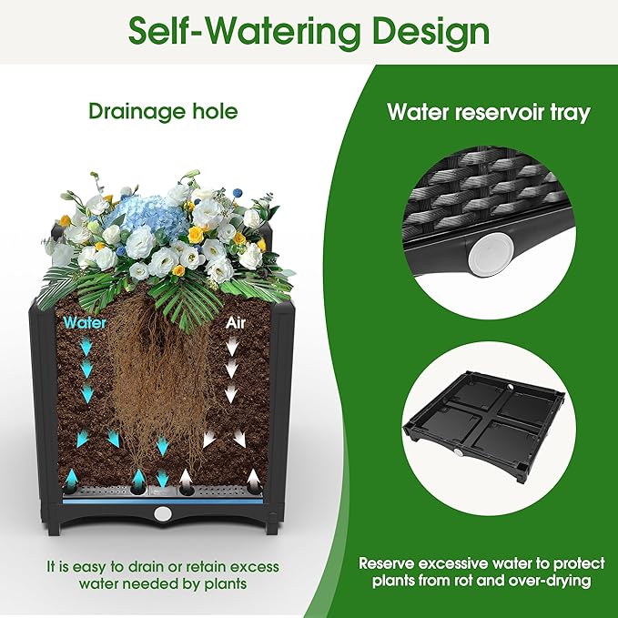 Onelike 64'' x 16'' x 55.5'' Plastic Raised Garden Bed with Greenhouse Cover and Trellis, Vertical Tomato Planters for Climbing Plants, Self Watering System Tomatoes Cage for Patio,Black,Large