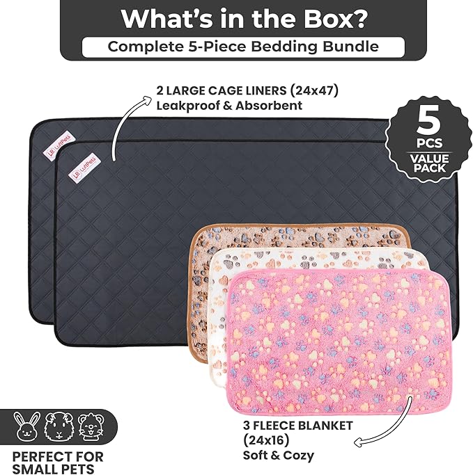 Bunny Cage Mats, 5 Pcs, Fit Midwest, Absorbs Moisture & Odors, Soft Guinea Pig Blankets, Comfortable Fleece Cage Liners, Washable Rabbit Bedding