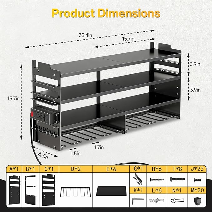 Heavy Duty Power Tool Organizer Wall Mount with Charging Station, 4 Layer Tool Storage Rack with 8 Drill Holder & Power Strip for Garage Workshop