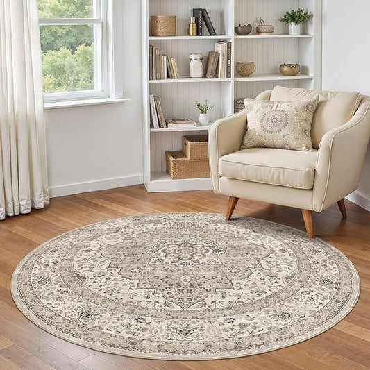 Washable 5 Ft Round Area Rug - 5x5 Area Rugs for Living Room Bedroom Dining Room Home Office Floor Decor- Vintage Floral Stain & Fade Resistant Non-Slip Backing Carpet(Brown/Beige)