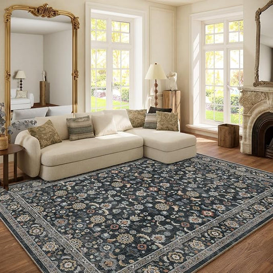 Washable Area Rugs for Living Room: 6x9 Bedroom Rug Vintage Boho Area Rug Stain Resistant Non Slip Low Pile Lightweight Soft Carpets for Living Room Dining Room Kitchen Nursery Kids Room Farmhouse