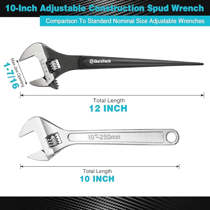 DURATECH 10-Inch Adjustable Construction Spud Wrench, Black Oxide Finish, CR-V Steel, SAE and Metric Scale Marked, Alignment Holes and Tail Crowbar Features