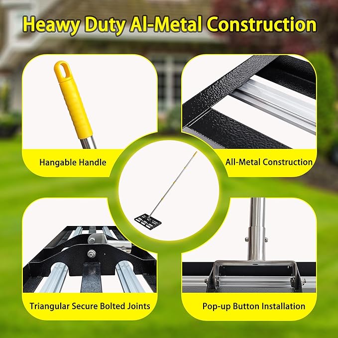 17"x10"Lawn Leveling Rake with Aluminum Rollers, Stainless Steel Yard Lawn Leveler Tool with Adjustable Long Handle, Yard Leveling Rake Suit, Levelawn Tool for Soil, Grass, Golf Course, Garden, Farm