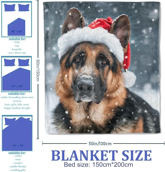German Shepherd in Santa Hat Throw Blanket 40"x50", Christmas Dog Blankets for Living Room Bedroom Decor, Soft Flannel Polyester Warm Cozy Gifts for Dog Lovers