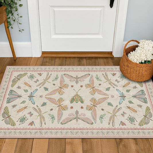 Light Pink Washable Bathroom Rug - 2x4 Small Kitchen Rugs for Powder Room, Front Door Indoor Entrance, Low Pile Stain Resistant, Colorful Pastel Aethestic
