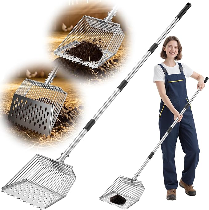 Chicken Poop Scooper & Rake 2-in-1,Chicken Litter Scoop with Handle(24 to 69") for Chicken Coop & Pet Waste Cleaning,304 Stainless Steel Shovel Head, Chicken Coop Accessories，Litter Sifting Shovel