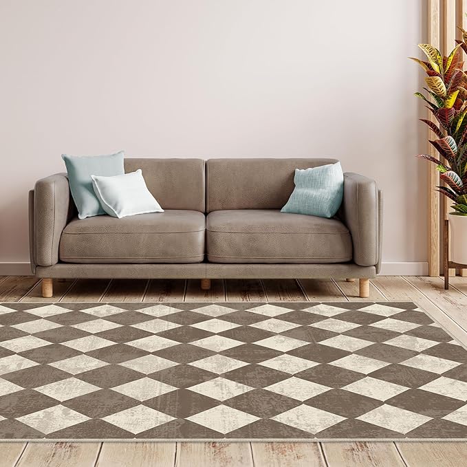 Washable Checkered Brown Neutral Diamond Geometry Area Rugs 5x7 Modern Soft Large Carpet for Living Room Entryway Bedroom Farmhouse Non-Slip