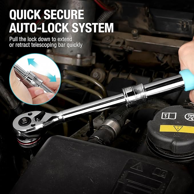 DURATECH 3/8-Inch Drive Extendable Ratchet, 90-Tooth Quick-release Ratchet Wrench with Cushion Handle & Telsecoping Locking Shaft(4 Length Adjustment: 8-1/2" to 12-2/5"), Reversible, Chrome Alloy Made
