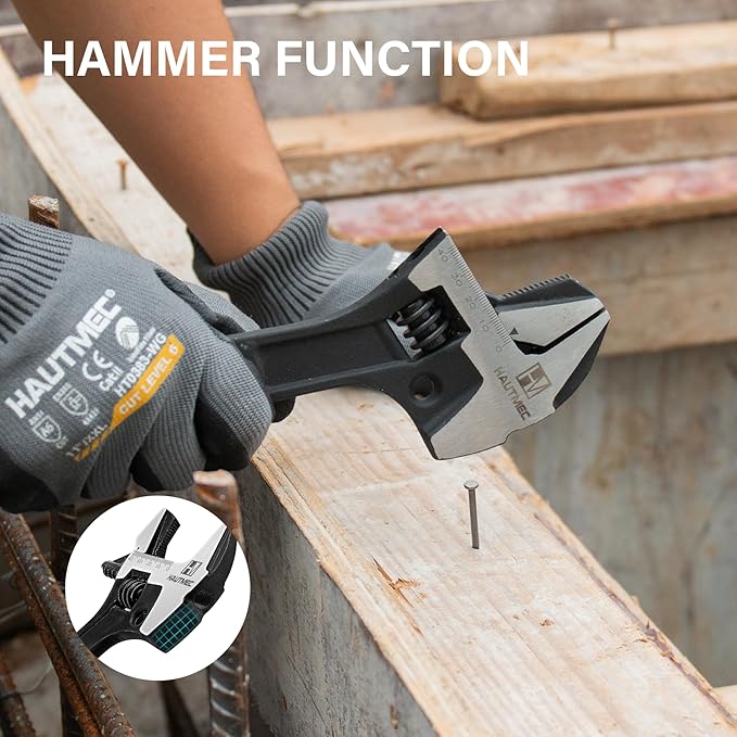 HAUTMEC 16inch Adjustable Spud Wrench, 4 in 1 Multifunctional Spud Wrenches, Adjustable Wrench and Hammer, Extra Wide Jaw Up to 1.6" (41mm) Metric & SAE Scale, Oxide Finish, for Garage Workshop DIY