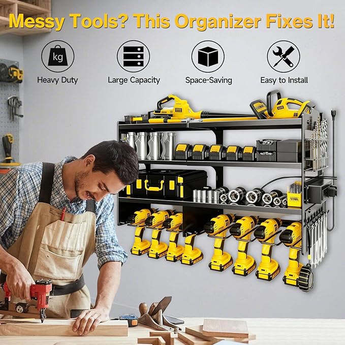 Heavy Duty Power Tool Organizer Wall Mount with Charging Station, 4 Layer Tool Storage Rack with 8 Drill Holder & Power Strip for Garage Workshop