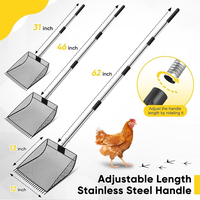 Upgraded 12-inch Chicken Poop Scooper Rake, Durable Metal Poop Scoop for Chicken with 24 to 68" Adjustable Stainless Steel Handle, Litter Scooper for Sand Sifting Shovel for Animals House