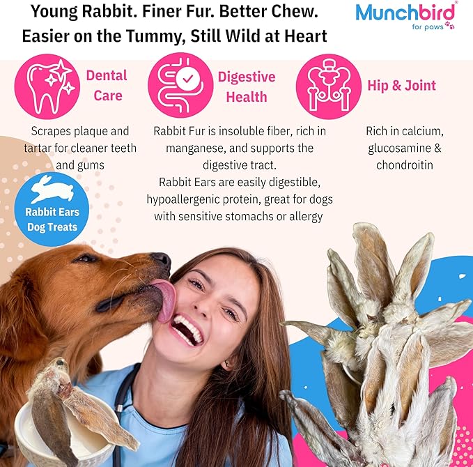 Munchbird Dehydrated Rabbit Ears 100g (3.5 oz) 12-15 pcs for Dogs, European Furry Rabbit Ear Natural Fiber for Pets, Rawhide Free Alternative to Pig Ears Dog Treats, Ear Size Varies