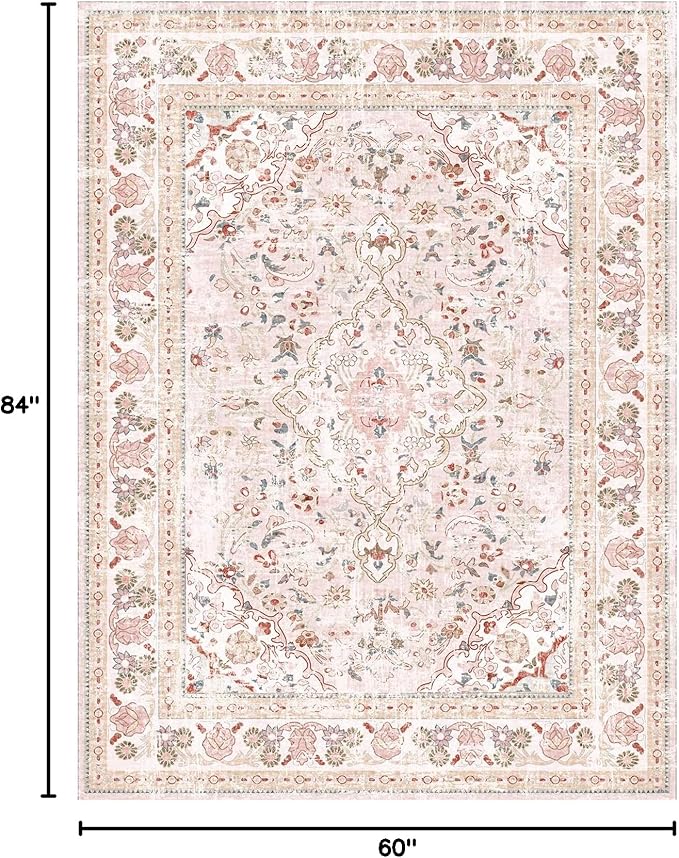Vhong Pink Area Rugs Washable Boho Vintage Modern Neutral Large Carpet 5×7 High Traffic Rugs for Dinning Room Living Room Bedroom Girls' Room Nursery Room Non Slip