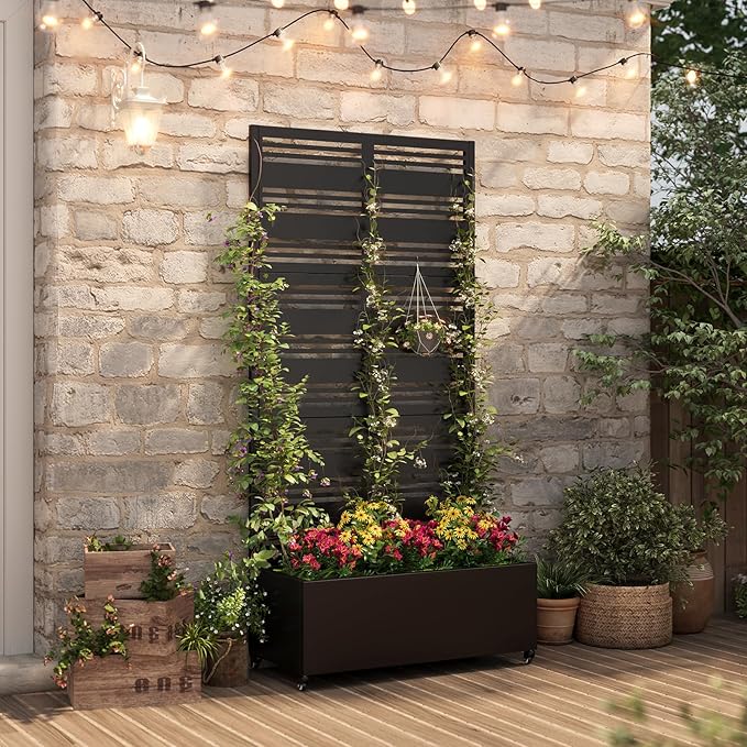 Metal Planter with Trellis& Wheels 72" x 35"x 15.7" Raised Garden Bed with Trellis,Privacy Planters for Patio,Garden Bed for Climbing Plants,Suitable for Climbing Plants and Vegetables,Black