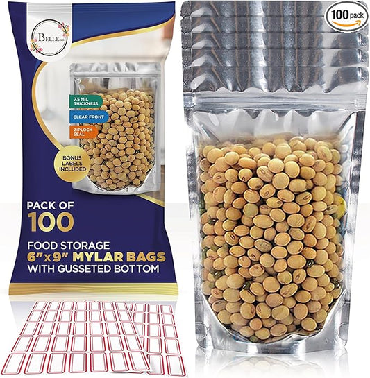 BELLE KR® 6x9 Mylar Bags Stand Up - Pack Of 100-7.5mil Thick - Clear Mylar Bags with See Through Window for Freeze Drying Food - Bonus Labels Included