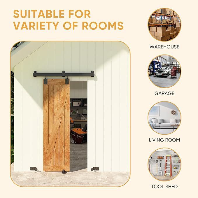 JUBEST 4FT Box Rail Exterior Barn Door Hardware Kit, Heavy-Duty Black Sliding Barn Door Track System, Wall Mount Door Hardware Kits (Door Not Included)