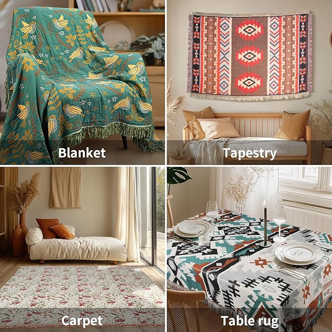 MACEVIA Boho Throw Blanket for Bed, Green Leaf Printed Blanket, Leaf Woven Boho Blankets and Throws with Tassel for Couch Sofa, All Season Cottagecore Decor Boho Blanket (Green Leaf 50"×70")