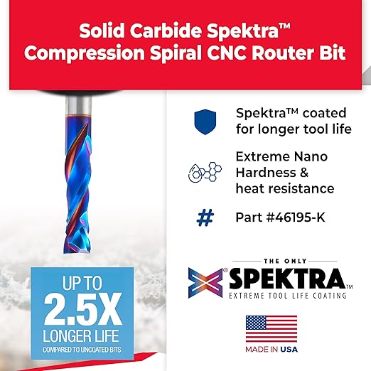 Amana Tool 46195-K CNC SC Spektra Extreme Tool Life Coated Compression Spiral 1/2 D x 1-3/4 CH x 1/2mm SHK x 3-1/2 Inch Long 2 Flute Router Bit
