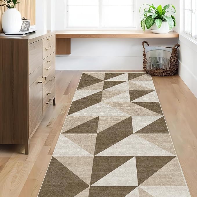 Washable Neutral Runner for Hallway Bedroom 2x6 Modern Abstract Geometric Non Slip Brown Area Rug Low Pile Indoor Floor