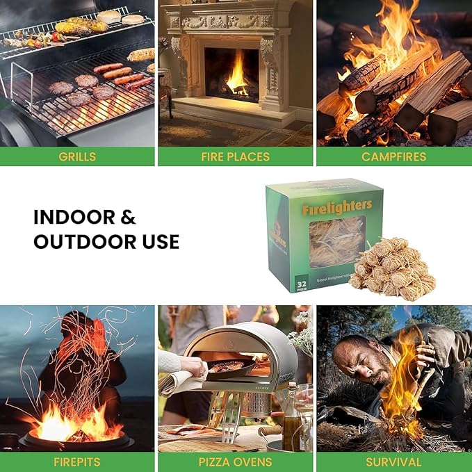 GEEKHOM 32-Piece Natural Fire Starters: Wax Wood Firelighters for Fireplace, Camping, BBQ & Fire Pit, Waterproof & Odorless