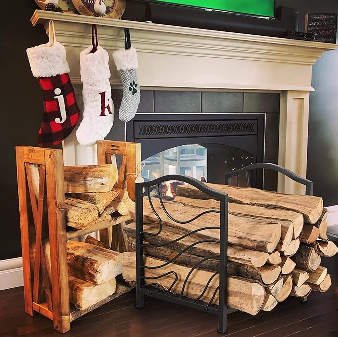 GREEN PARTY 17 Inch Small Firewood Rack Indoor/Outdoor Metal Firewood Holder, Decorative Fire Log Holder for Fireplace,Fire Pit,Heavy Duty Wood Rack,Wood Stove Accessories, 17" L X 13.3" W X 16" H
