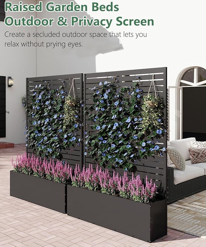 Metal Planter Box with Trellis,70.9"x47.2"x15.7" Raised Garden Bed with Drainage Holes, Privacy Planters for Outdoor Garden Bed for Climbing Plants,Vegetables,and Vines, Black-louvered
