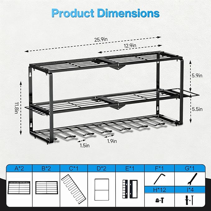Heavy Duty Power Tool Organizer Wall Mount - 3 Tier Metal Tool Rack with 7 Drill Holders, 300LB Capacity for Garage, Workshop, Pegboard Storage