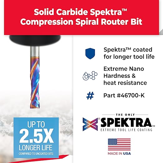 Amana Tool 46700-K CNC SC Spektra Extreme Tool Life Coated Compression Spiral 1/4 D x 7/8 CH x 1/4 SHK x 2-1/2 Inch Long 2 Flute Router Bit for Birch Plywood