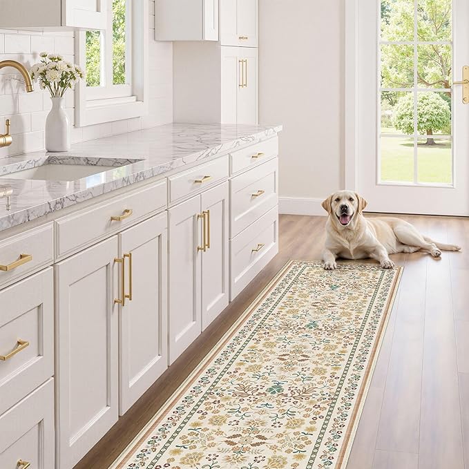 Runner Rug for Hallways Kitchen: 2x6 Washable Area Rug Boho Floral Soft Long Rug - Non-Slip Low Pile Throw Indoor Carpet for Entryway Kitchen Bedroom Laundry Bathroom - Brown