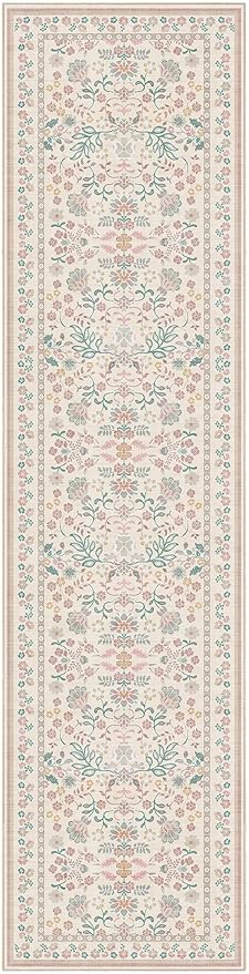 Runner Rug for Hallways Kitchen: 2x8 Washable Area Rug Boho Floral Soft Long Rug - Non-Slip Low Pile Throw Indoor Carpet for Entryway Kitchen Bedroom Laundry Bathroom - Pink