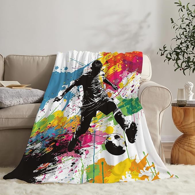 Soccer Blanket Gifts for Boys Teens Man Soft Warm Plush Banksy Soccer Sports Throw Blanket Flannel Fleece Fuzzy Stuff Blanket for Bed Couch Living Room Decor 80"X60"