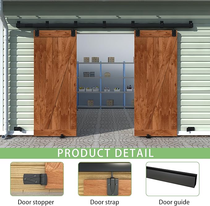 10FT Black Box Rail Exterior Barn Door Hardware Track Kit for 2 Doors, Heavy Duty Barn Door Track Set, Wall Mount Outdoor Weatherproof Double Door Hardware with 7 Track Brackets(No Doors）