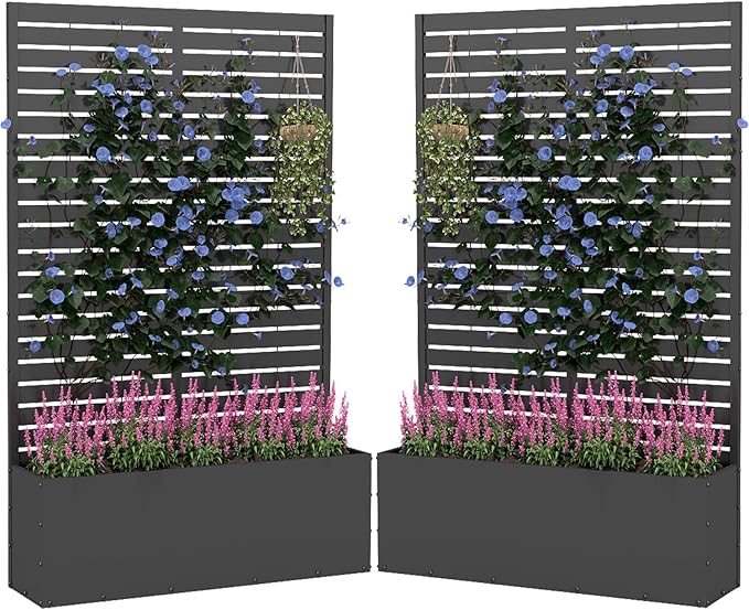 2PCS Metal Planter Box with Trellis,70.9"x47.2"x15.7" Raised Garden Bed with Drainage Holes, Privacy Planters for Outdoor, Garden Bed for Climbing Plants,Vegetables,and Vines, Black-louvered